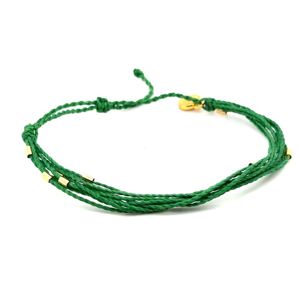Pura Vida Green Multi Strand Cord Bracelet Gold Tone Bead Accents Adjustable